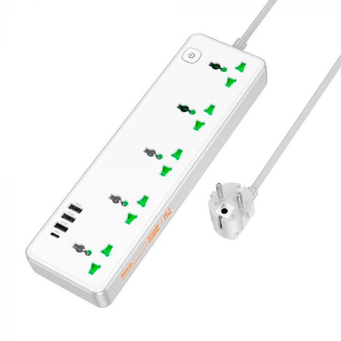 
					Мережевий фільтр HOCO AC13A на 5 розеток + 3 USB + USB-C, 17W, 220В, кабель 1,5м, White, Box