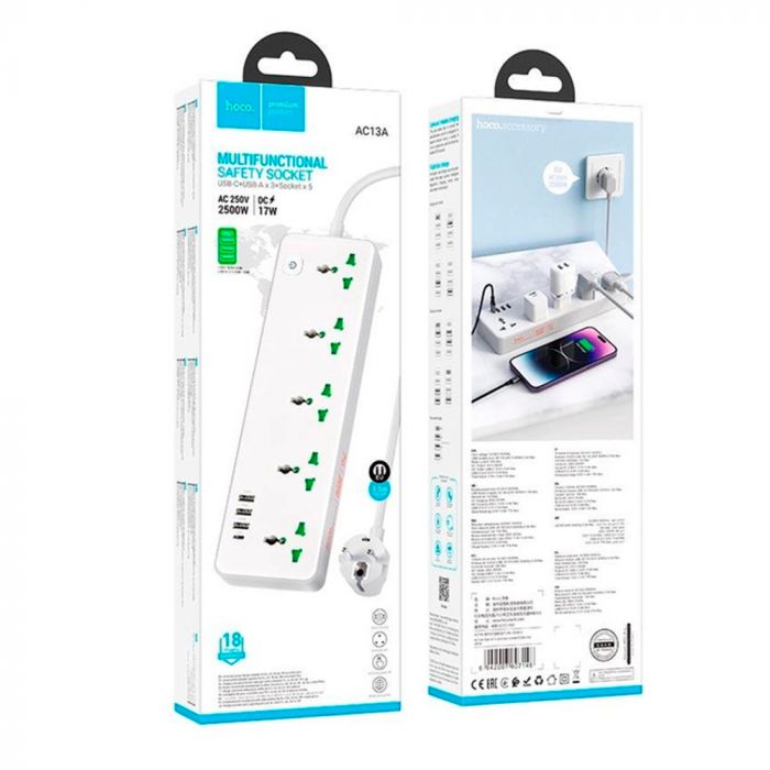 
					Мережевий фільтр HOCO AC13A на 5 розеток + 3 USB + USB-C, 17W, 220В, кабель 1,5м, White, Box